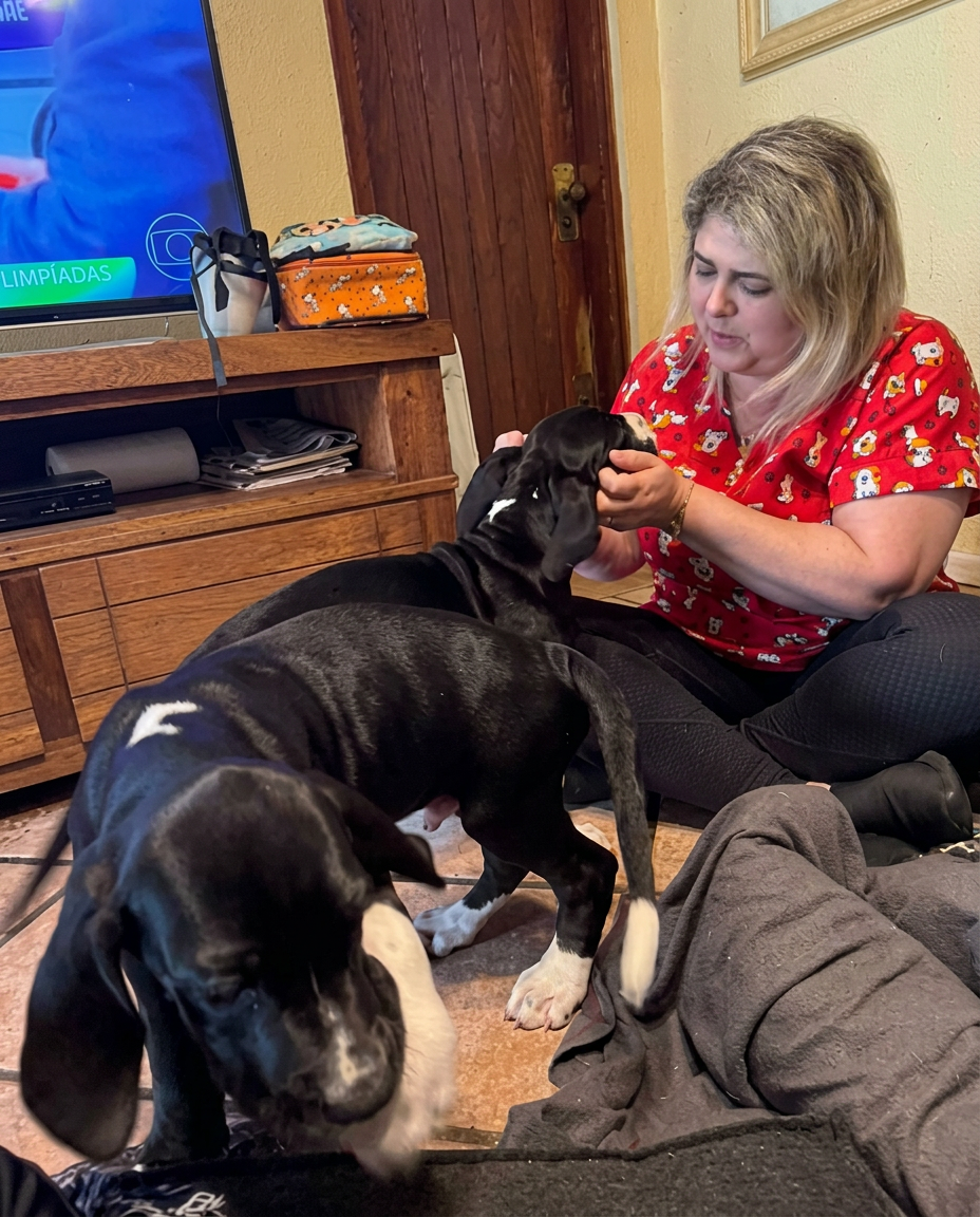 Veterinária atendendo um cão golden retriever em casa
